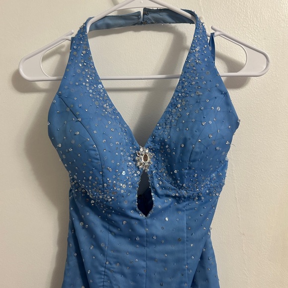 Blue halter neckline vintage 90’s beaded fishtail prom dress - Picture 2 of 11